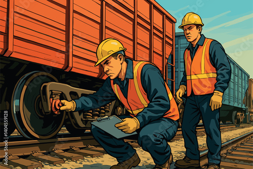Workers inspecting wheels and brakes of freight train pre-departure