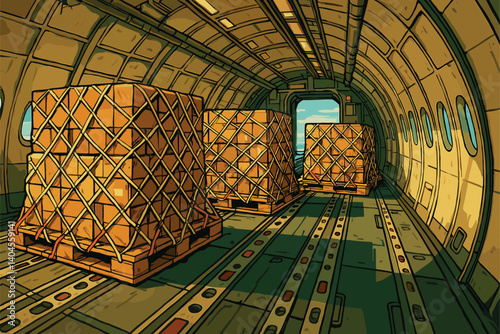 Interior of cargo plane with pallets secured for delivery