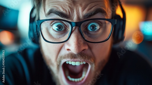 Man with glasses and headphones screaming in extreme close up