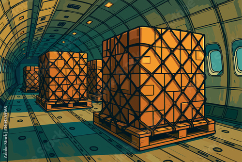 Interior of cargo plane with pallets secured for delivery