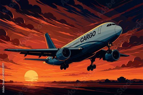 Cargo plane taking off at sunrise with freight containers onboard