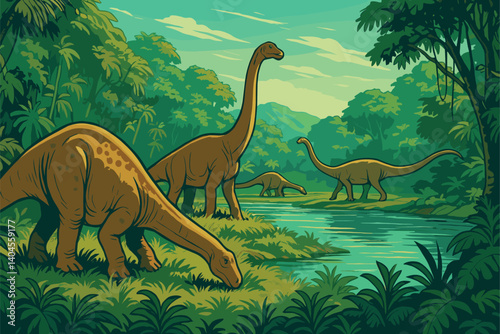 Dinosaurs grazing near jungle riverbank in late Jurassic period