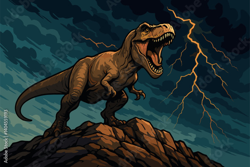 Tyrannosaurus rex roaring on rocky hill under stormy sky