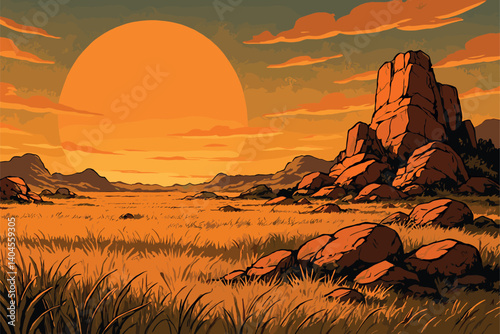 Open plain with rocky outcrops and tall grass in Mesozoic sun