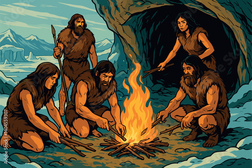 Early humans building fire outside cave during Ice Age