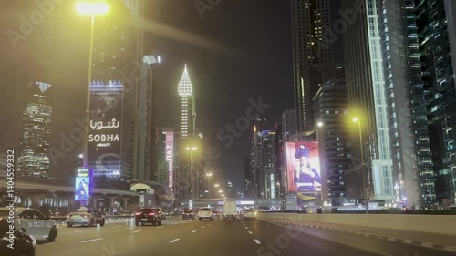 Night Driving Through Dubai Pov Driving Car Front Panorama Video Driving Plate. Driving south on E11 Sheikh Zayed Rd