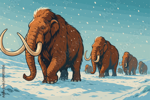 Mammoth herd marching through snowy tundra in gentle snowfall