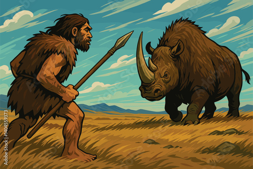 Neanderthal hunter faces woolly rhinoceros on windswept plain