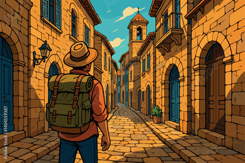 Traveler exploring narrow streets of old European town with historic charm