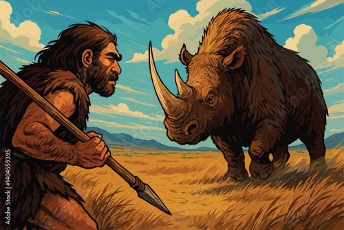 Neanderthal hunter faces woolly rhinoceros on windswept plain