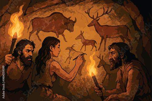 Cave dwellers painting animals on rock walls by torchlight
