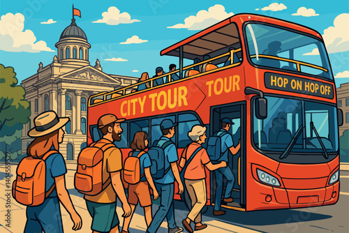 Travelers boarding hop-on-hop-off tour bus in capital city