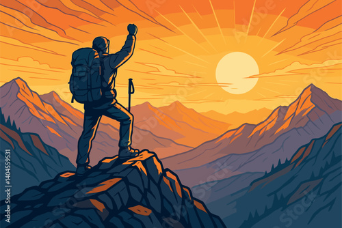 Hiker reaching mountain summit at sunrise with breathtaking scenic view