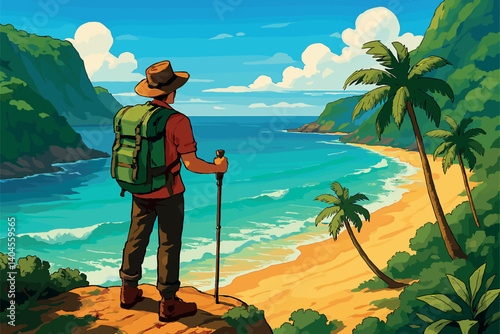 Traveler standing on cliffside, overlooking scenic tropical beach below