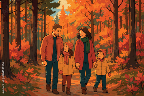 Family walking through pine forest during vibrant autumn foliage season