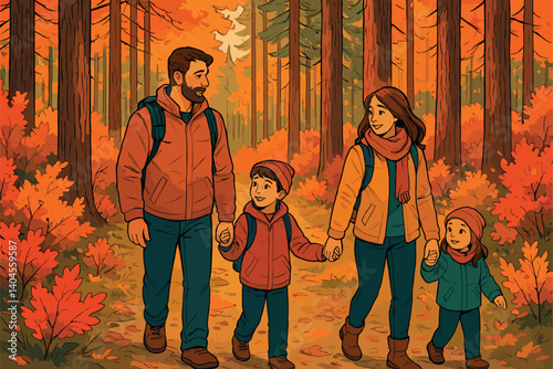 Family walking through pine forest during vibrant autumn foliage season