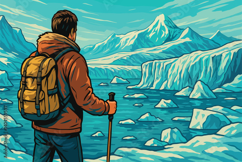 Traveler exploring icy Arctic landscapes with massive glaciers and frozen terrain