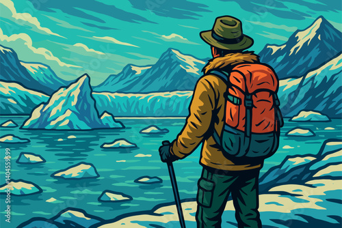 Traveler exploring icy Arctic landscapes with massive glaciers and frozen terrain