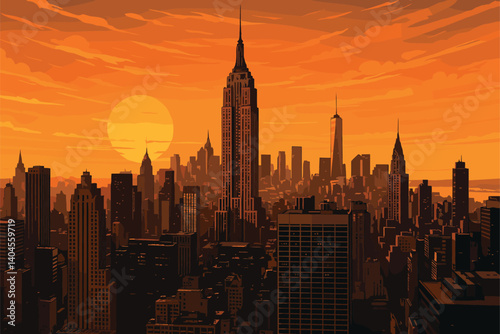 New York City skyline at sunset with Empire State and Hudson River view
