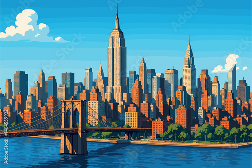 New York City skyline with Empire State and Brooklyn Bridge under blue sky