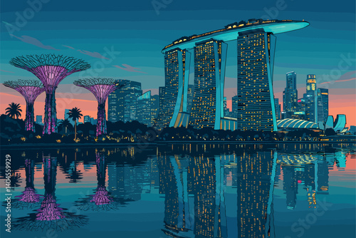 Futuristic skyline of Singapore with Marina Bay Sands and Supertree Grove