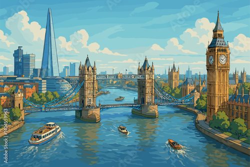 London skyline with Thames, Tower Bridge, Big Ben and boats in daylight