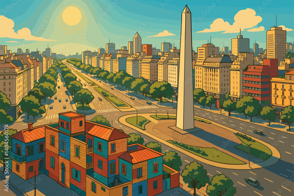 Buenos Aires cityscape with Obelisk and colorful La Boca neighborhood