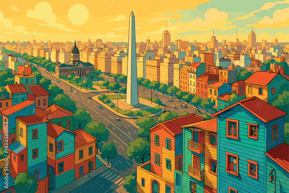 Buenos Aires cityscape with Obelisk and colorful La Boca neighborhood