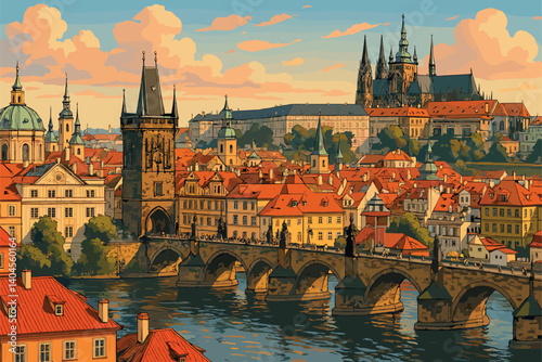 Panoramic view of Prague with red rooftops, bridges and gothic spires