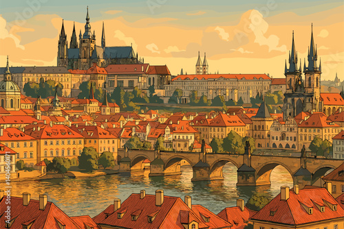 Panoramic view of Prague with red rooftops, bridges and gothic spires
