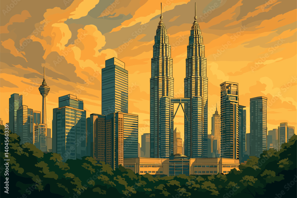 Obraz premium Kuala Lumpur skyline with Petronas Towers and surrounding greenery in golden light
