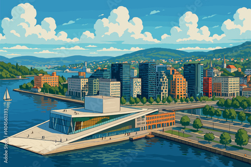 Oslo panorama with Opera House, fjord and modern architecture in daylight
