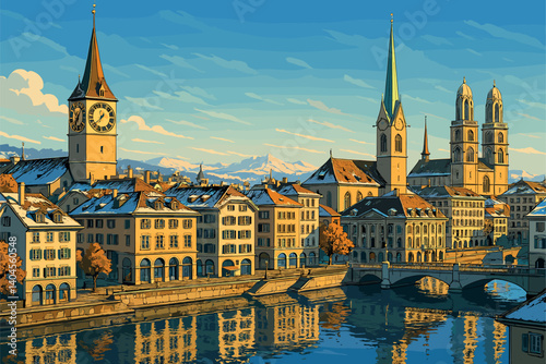 Zurich morning cityscape with Limmat River and snow-covered rooftops