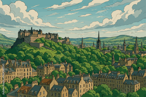 Edinburgh cityscape with castle and stone buildings under cloudy sky