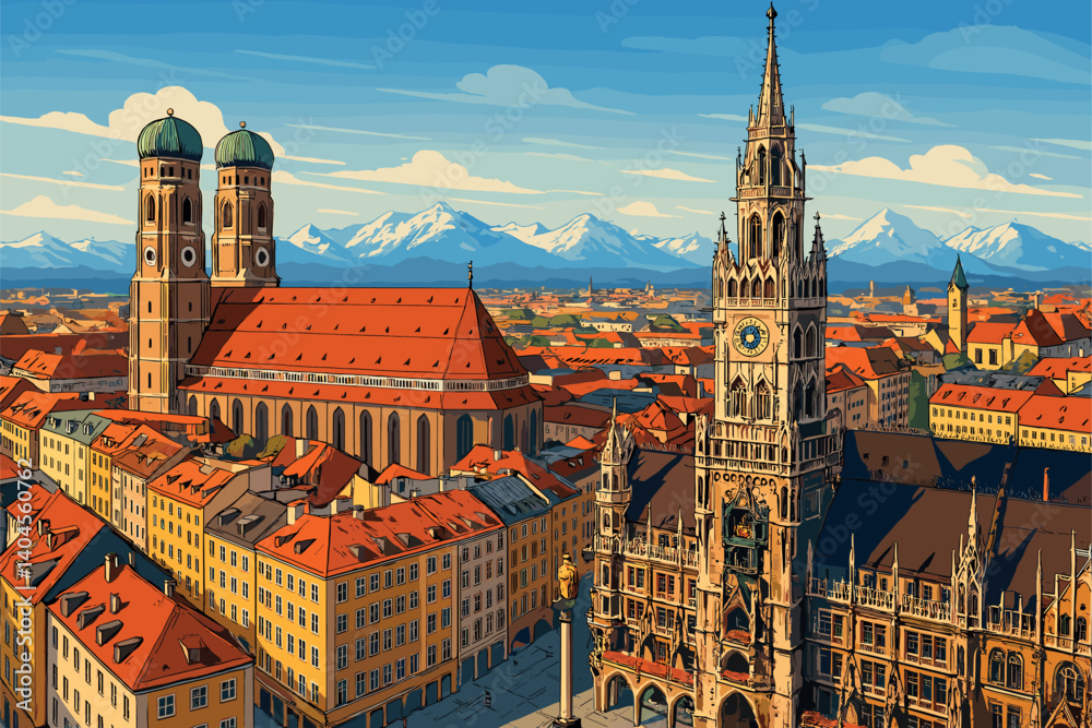 Obraz premium Munich view with Marienplatz, Frauenkirche and distant Alps skyline