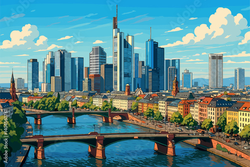 Frankfurt skyline with financial towers and Main River bridges in daylight