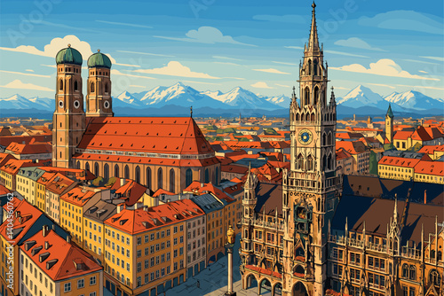 Munich view with Marienplatz, Frauenkirche and distant Alps skyline
