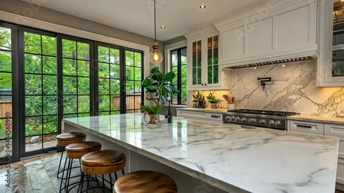 Modern Farmhouse Kitchen Design: White Cabinets, Marble Countertops, and French Doors