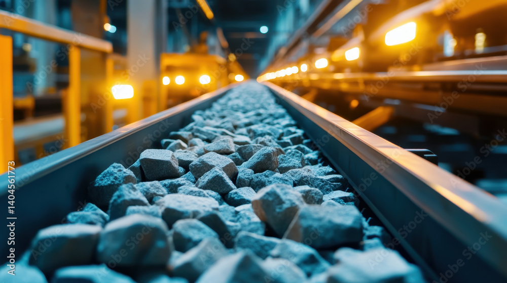 Fototapeta premium Conveyor belt transporting gravel in heavy industry setting, showcasing efficient movement of materials. scene is illuminated with warm lights, creating dynamic industrial atmosphere