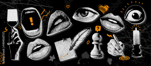 Surreal collage of expressions and symbols – halftone black and white vector art.
Symbolic fragments.