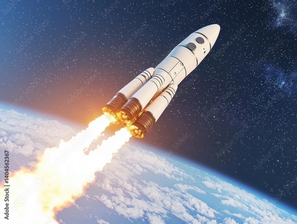 Fototapeta premium Rocket Launching Into Space with Bright Flames and Stars Above