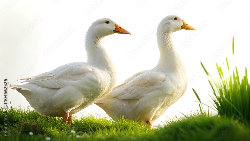 Two white geese walk on the field Two white geese walk on the field