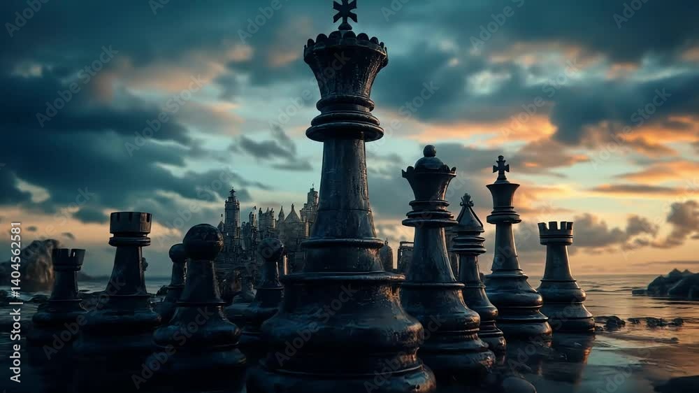 Giant chess pieces on a reflective board by the ocean, under a twilight changing to dark sky with castle background, symbolizing strategic planning, with a zoomed-in view, for business strategy
