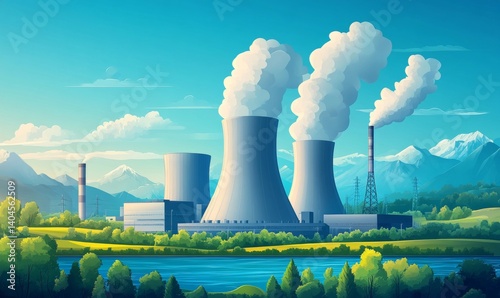 atomic nuclear reactor or power plant refinery industrial factory with cooling towers and smoke chimney as wide banner background with information, Generative AI