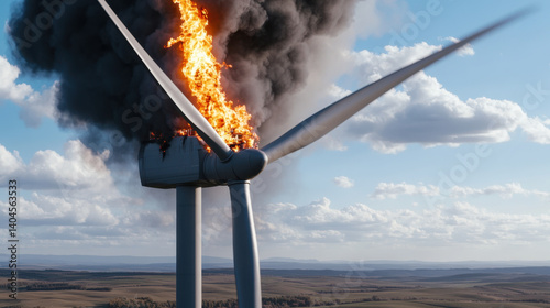 fire broke out on top of wind turbine, creating dramatic scene with flames and thick smoke against blue sky. incident highlights potential hazards of renewable energy sources
