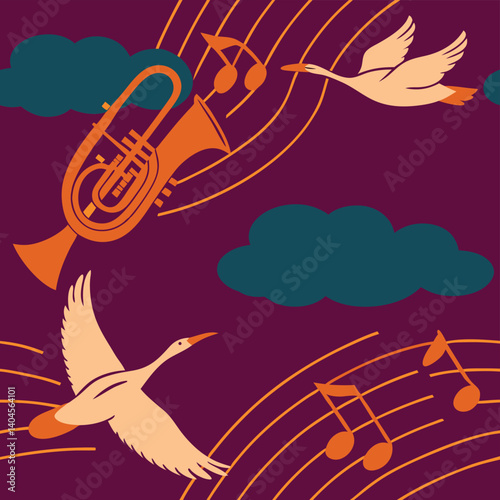 A surreal seamless pattern featuring instruments and notes transforming into birds and clouds, blending music with nature in a dreamy artistic style