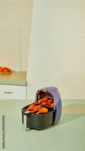 Crispy Chicken Legs in a Purple Air Fryer on a Kitchen Counter