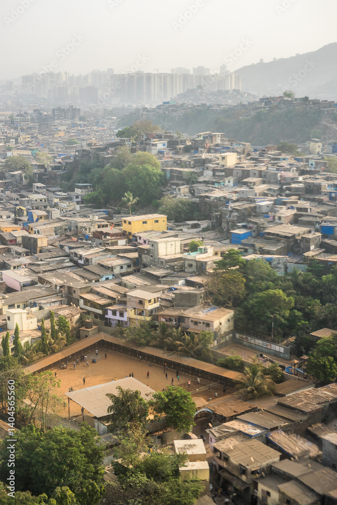 India, Maharashtra, Mumbai, a view of a city skyline dharavi slum and tall buildings