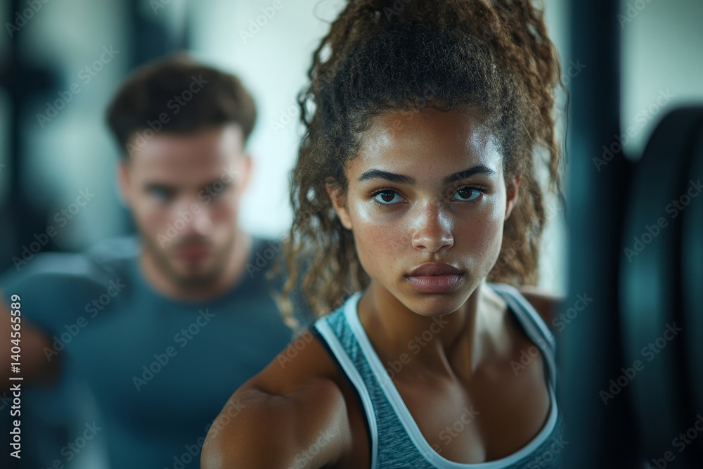 custom made wallpaper toronto digitalYoung woman exercising with barbell while male trainer controlling lay during her workout at gym, Generative AI