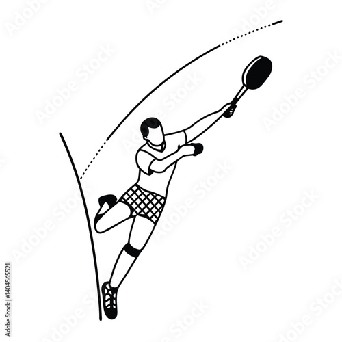 Outline Sporty Man Jumping Holding Racket, Reaching High, Striking Silhouette on Transparent Background